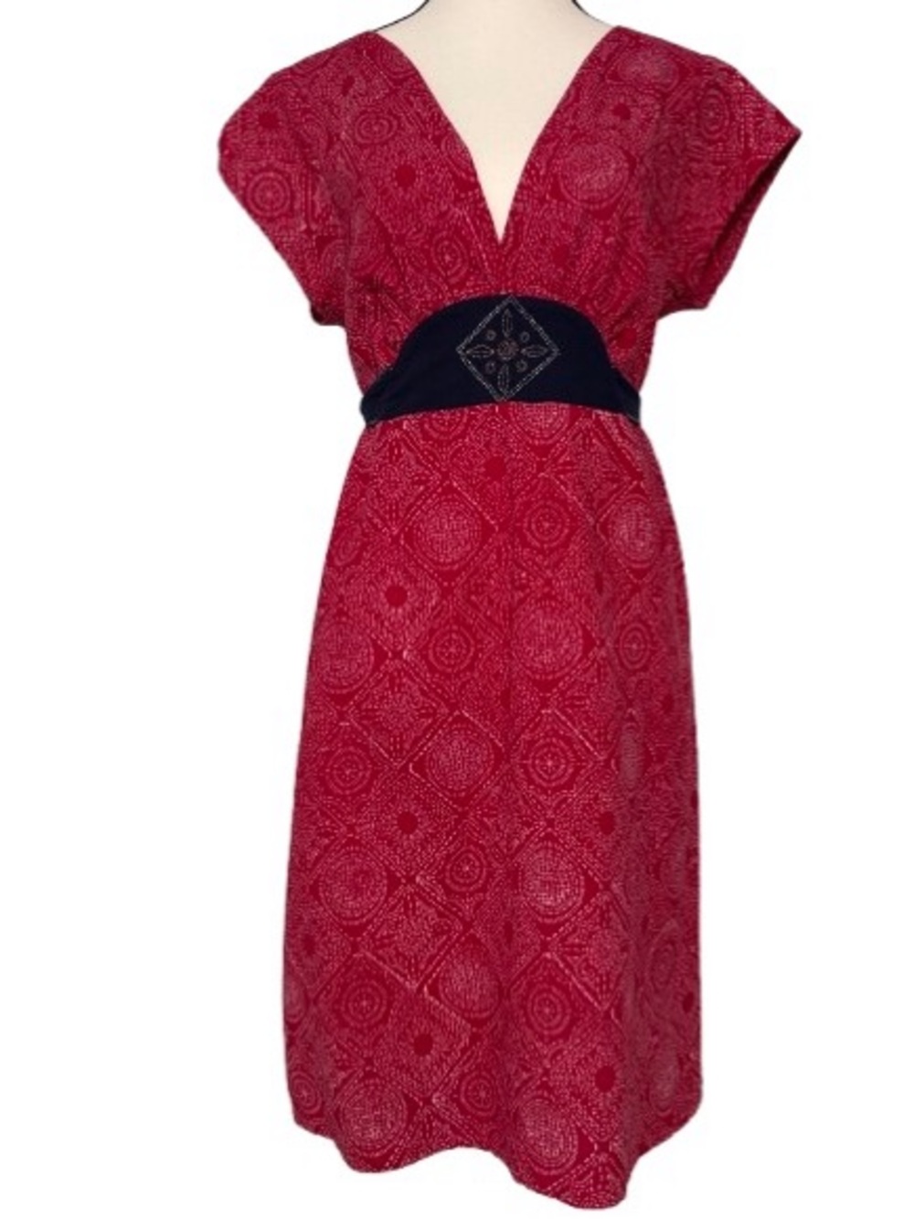 Mata Traders Deep V-neck Geometric, Red, Bandana Batik Print Midi Dress. Sz-L